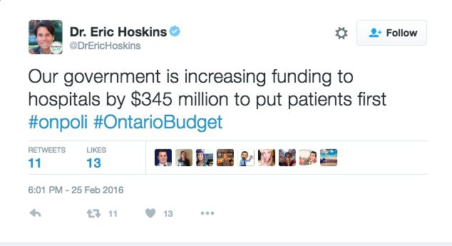 Eric Hoskins tweet on hospital funding